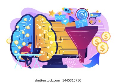 Artificial intelligence assistant. Deep learning algorithm. AI-powered marketing tools, AI e-commerce search, AI customer recommendations concept. Bright vibrant violet vector isolated illustration