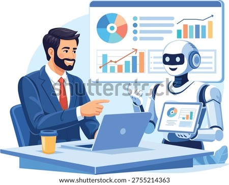 Artificial Intelligence Assistant Helping Businessman Analyze Data Dashboard