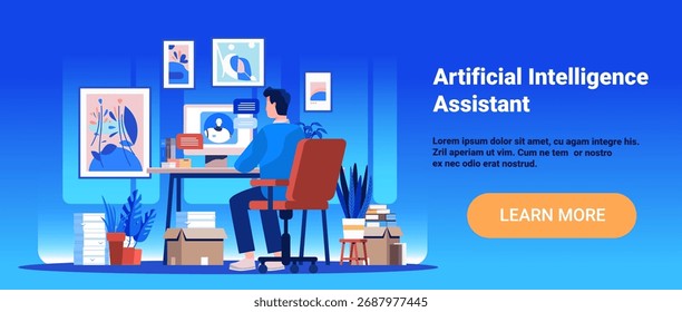 Hombre asistente de inteligencia artificial en el ordenador de escritorio chatbot oficina en casa moderna plantas libros fondo azul Sitio web Anuncio