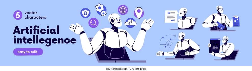 Artificial intelligence, automated chat bot set. AI and machine learning technology concept. Smart virtual robot, chatbot and digital assistant. Flat vector illustration isolated on white background
