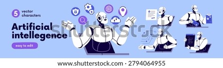 Artificial intelligence, automated chat bot set. AI and machine learning technology concept. Smart virtual robot, chatbot and digital assistant. Flat vector illustration isolated on white background