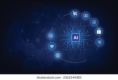 Artificial intelligence and Automated machine learning language blue digital user interface with cybersecurity computer vision metaverse twin drive business industrial.