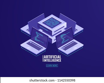 Artificial intelligence automated process big data processing, server room, computing power, software development, program code review, modern smart technologies in business isometric vector neon dark