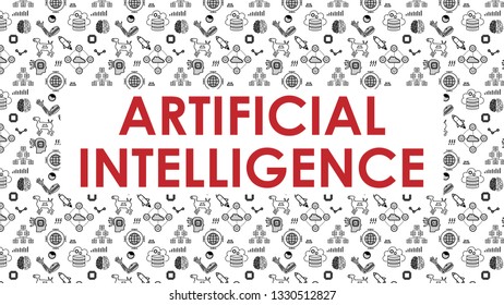Artificial Intelligence background (16x9 ratio). Slide template for presentations with icons set. Banner for website and social media. Contains seamless pattern swatch. Vector design illustration.