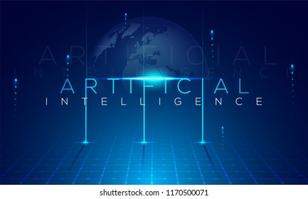 Artificial Intelligence background with globe and computer genrated digital rays. 