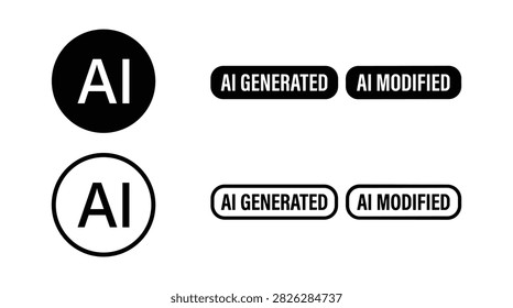 Artificial intelligence badge icon set containing AI generated, modified label. Vector illustration.