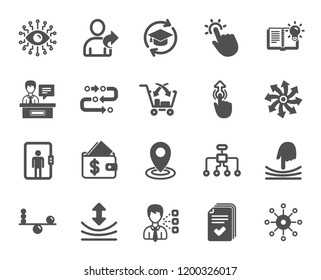 Artificial intelligence, Balance and Refer a friend icons. Continuing education, Methodology and Exhibitors signs. Swipe up, Elastic and artificial intelligence icons. Vector