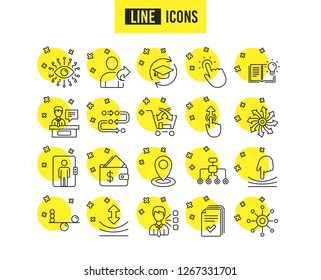 Artificial intelligence, Balance and Refer a friend line icons. Continuing education, Methodology and Exhibitors signs. Swipe up, Elastic and Click here symbols. Vector