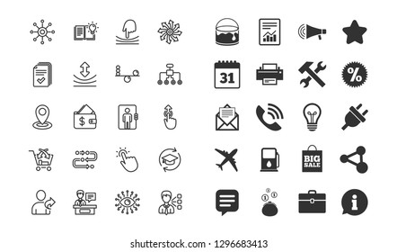 Artificial intelligence, Balance and Refer a friend line icons. Continuing education, Methodology and Exhibitors signs. Swipe up, Elastic and Click here symbols. Vector