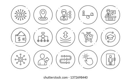 Artificial intelligence, Balance and Refer friend line icons. Timeline, Multichannel. Linear icon set. Line buttons with icon. Editable stroke. Vector