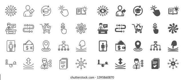 Artificial intelligence, Balance, Refer friend line icons. Continuing education, Methodology and Exhibitors icons. Swipe up, Elastic, Click here, Refer. Cross sell, Third party, Multichannel. Vector