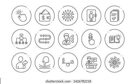 Artificial intelligence, Balance and Refer friend line icons. Timeline path, Cash wallet. Linear icon set. Line buttons with icon. Editable stroke. Vector