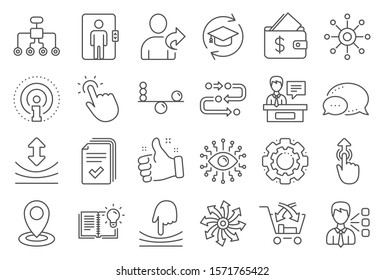 Artificial intelligence, Balance, Refer friend line icons. Continuing education, Methodology and Exhibitors icons. Swipe up, Elastic, Click here, Refer. Cross sell, Third party, Multichannel. Vector