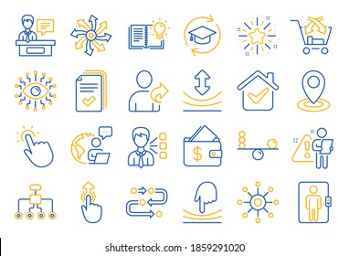 Artificial intelligence, Balance, Refer friend line icons. Continuing education, Methodology and Exhibitors icons. Swipe up, Elastic, Click here, Refer. Cross sell, Third party, Multichannel. Vector