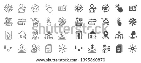 Artificial intelligence, Balance, Refer friend line icons. Continuing education, Methodology and Exhibitors icons. Swipe up, Elastic, Click here, Refer. Cross sell, Third party, Multichannel. Vector