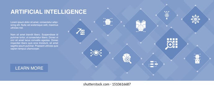 Artificial Intelligence banner 10 icons concept.Machine learning, Algorithm, Deep learning, Neural network icons