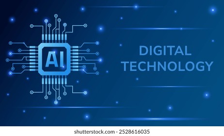 Artificial intelligence banner with AI chip. Futuristic digital technology background.
