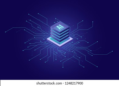 Artificial Intelligence Banner, Big Data, Cloud Computing, Machine Learning, Information Mining Concept Isometric Icon, Vector