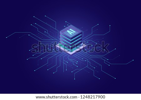 Artificial Intelligence banner, big data, cloud computing, machine learning, information mining concept isometric icon, vector