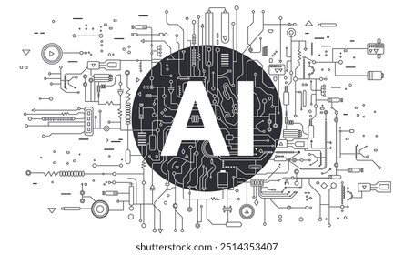 Banner de inteligência artificial. Processador de chip de inteligência artificial. Conceito de inteligência artificial IA e aprendizagem de máquina, engenharia de IA. Histórico da tecnologia de IA.