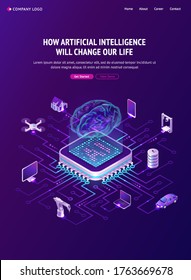 Artificial intelligence banner. Concept of innovation technologies in life. Vector isometric illustration of network, circuit connection of chip with hologram brain and computer, house and car