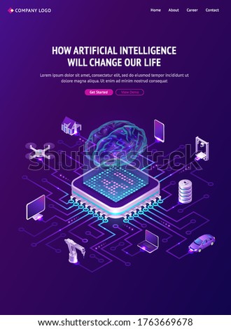 Artificial intelligence banner. Concept of innovation technologies in life. Vector isometric illustration of network, circuit connection of chip with hologram brain and computer, house and car