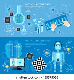 Artificial Intelligence banner creation of robots future technology vector illustration 