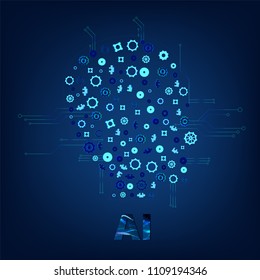 Artificial Intelligence banner with face decoration and creative letters. AI concept. Vector illustration.