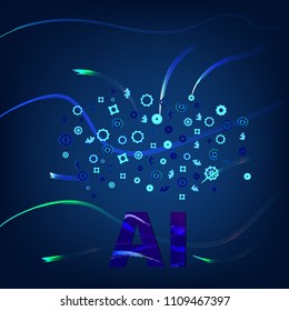 Artificial Intelligence banner with gears and puzzles decoration and creative letters. AI concept. Vector illustration.