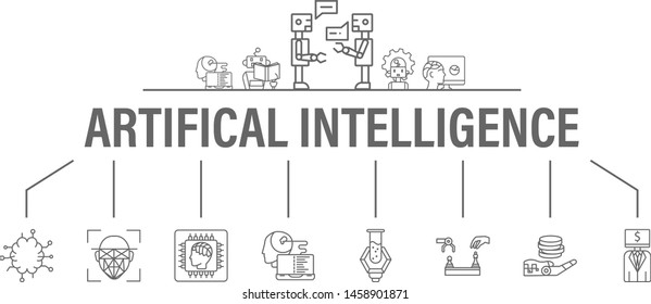 Artificial Intelligence banner with icons set. Header for website and social media: Algorithm, Deep Learning, Neural Networks, AI, Autonomous, Cybernetics, Robotics. Vector design illustration