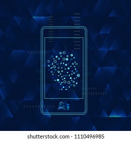Artificial Intelligence banner with phone, face decoration and creative letters. AI concept. Vector illustration.