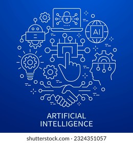 Plantilla de banner de inteligencia artificial con iconos lineales. Conjunto de ganancias de máquina, innovación, cerebro, red y otros.