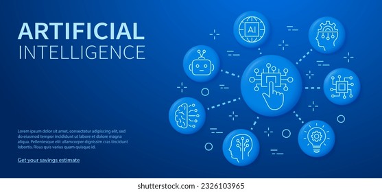 Artificial intelligence banner template with linear icons. Set of innovation, brain, network, data science, technology and others.