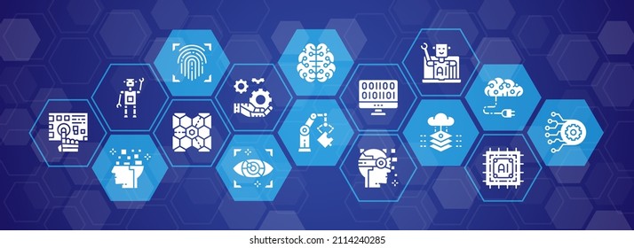 Artificial Intelligence banner template with white icons. Robotics, Chatbot, Database, Big Data illustration concept for website or infographic