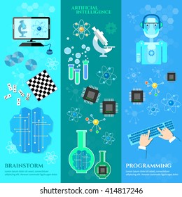 Artificial intelligence banners modern robot microchips development of robot programming vector illustration 