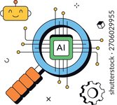 Artificial intelligence being analyzed with a magnifying glass looking at the ai text and robot parts. For artificial intelligence analysis and concepts. isometric flat vector illustration.