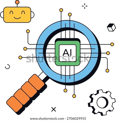 Artificial intelligence being analyzed with a magnifying glass looking at the ai text and robot parts. For artificial intelligence analysis and concepts. isometric flat vector illustration.