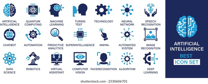 Inteligência artificial melhor coleção de conjuntos de ícones sólidos. Quantum, aprendizagem de máquina, teste de Turing, tecnologia, rede neural etc...