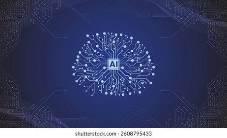 Artificial Intelligence. Big Data And Ai Circuit Concept. Machine Learning And Cyber Mind Domination Concept In Form Of Digital Brain Outline With Circuit Board And Binary Data Flow On Blue Background