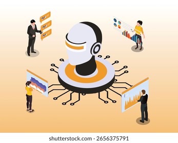 Inteligência artificial e análise de Big Data com pessoas de negócios ilustração vetorial isométrica 3d