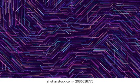 Artificial Intelligence or big data futuristic concept background. Abstract circuit board with random colorful streaming neon lines. Vector illustration