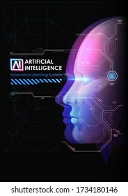 Artificial Intelligence and Big Data, Internet of Things Concept. Intelligence allegory AI. Human face. Machine learning and cyber mind domination.