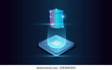 The artificial intelligence big data server cloud. and digital back up clouds of system at the center represents computational power, and glowing from microchip.