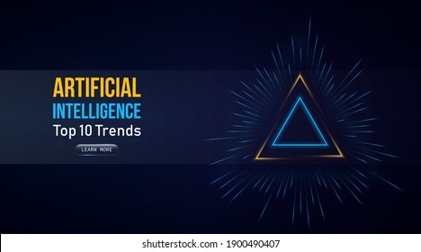 Artificial intelligence, big data web banner. Data visualization. Glowing neon rays