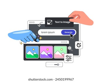 Artificial Intelligence big Layout vector illustration with Hands. Tools for Generate  Picture from the Text. Neural Network Robot Generates Images from Textual descriptions