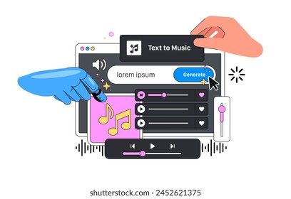 Artificial Intelligence big Layout vector illustration with Hands. Ai Robot hand Generate Music from the Text. Neural Network Robot makes Melody from Textual descriptions