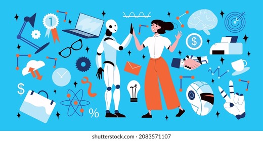 Artificial intelligence big set with business teamwork and project symbols flat isolated vector illustration