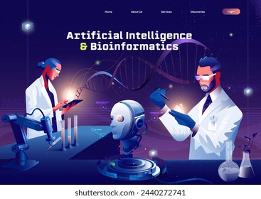 Artificial Intelligence Biotechnology Dashboard. In einem modernen Labor führen zwei Wissenschaftler Experimente durch. Flache Vektordarstellung