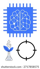 Inteligencia artificial, biotecnología, energías renovables, agricultura de precisión, integración tecnológica, sistemas de datos. Cerebro integrado en un chip de computadora, crecimiento de la planta del matraz de laboratorio, objetivo