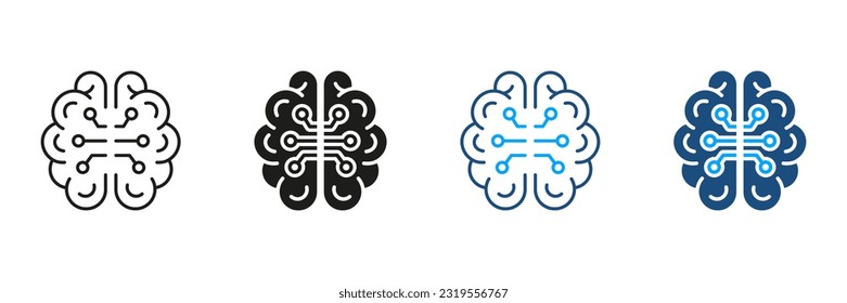 Artificial Intelligence Black and Color Symbol Collection. Network, Tech Science Pictogram. Human Brain with Circuit, Digital Technology Silhouette and Line Icons Set. Isolated Vector Illustration.